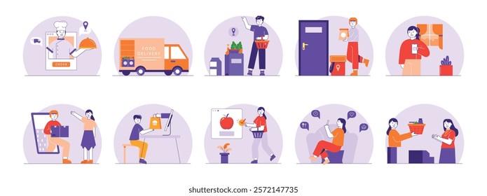 Online grocery shopping via apps, making modern life simple. Character design. Vector flat illustration