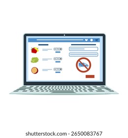 Online grocery shopping website displayed on a laptop screen with a food selection interface vector