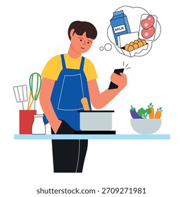 Compras de comestibles en línea mientras cocina en la cocina