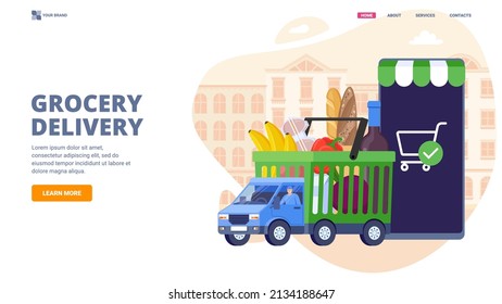 Online grocery site design concept. Flat modern vector illustration for web site design, banner, landing page. Buy food and drinks online using mobile application. E-commerse site design.