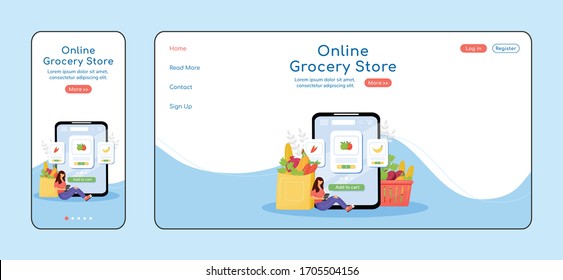 Online grocery store adaptive landing page flat color vector template. Internet order mobile and PC homepage layout. Fresh greens one page website UI. Fruits and veggies webpage cross platform design