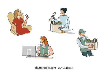 Online grocery store. Concept of delivery service. Call center, packer, courier, women online ordering groceries.Line drawing color illustration