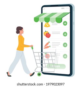 Online grocery store concept. Illustration of young woman shopping groceries online by the phone. Vector 10 EPS.