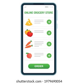 Online grocery store concept. Illustration of a mobile phone with grocery shopping app isolated on white background. Vector 10 EPS.