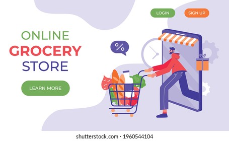 Online grocery store concept. Man with groceries coming out of smartphone.