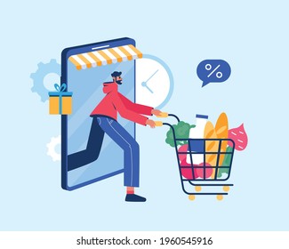 Online grocery store concept. Man with groceries coming out of smartphone.