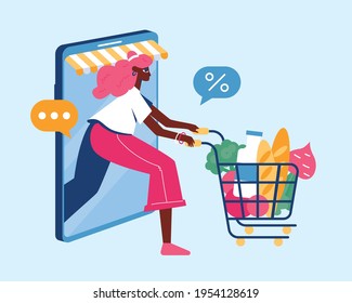 Online grocery store concept. Woman with groceries coming out of smartphone.