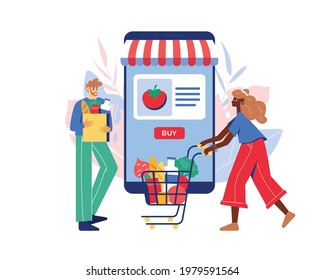 Online grocery store concept. Woman and man with groceries coming out of smartphone.