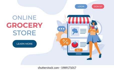 Online grocery store concept. Woman with groceries coming out of smartphone.