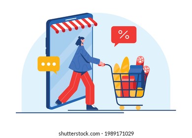 Online grocery store concept. Woman with groceries coming out of smartphone.