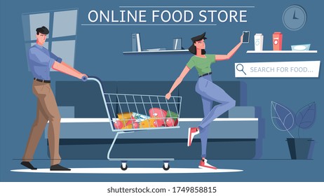 Online grocery store flat composition with search for food description and online food store headline vector illustration