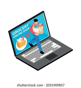 Online grocery store icon with isometric laptop and character carrying goods in paper bags vector illustration