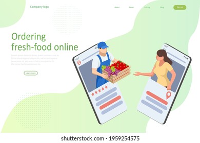 Online grocery store. Organic Fresh Products. Isometric Organic farm food