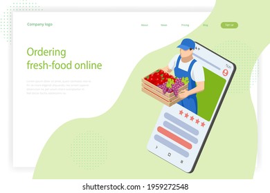 Online grocery store. Organic Fresh Products. Isometric Organic farm food
