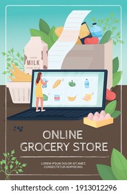 Online grocery store poster flat vector template. Buying food remotely during quarantine time. Brochure, booklet one page concept design with cartoon characters. Virus fighting flyer, leaflet