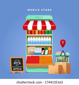 Online Grocery Store shopping concept with a mobile phone and food and beverage products lined the shelves.  digital market promotion for food supply by online ordering.