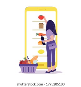 Online grocery store, shopping concept. Order food by Internet. Girl chooses products on the screen phone and puts in the basket. Cartoon vector illustration isolated on white background