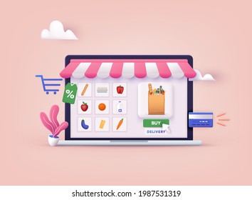 Online Grocery Store Shopping Concept. Order And Delivery In Online Supermarket. 3D Web Vector Illustrations.