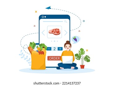 Online Grocery Store or Supermarket to Order Daily Necessities or Food via the App in Flat Cartoon Hand Drawn Templates Illustration