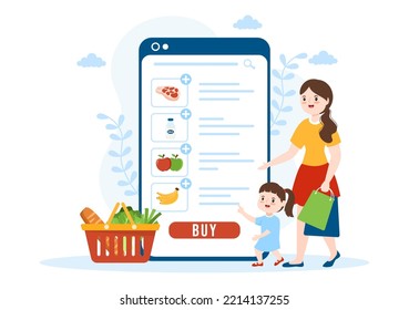 Online Grocery Store or Supermarket to Order Daily Necessities or Food via the App in Flat Cartoon Hand Drawn Templates Illustration