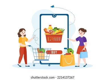 Online Grocery Store or Supermarket to Order Daily Necessities or Food via the App in Flat Cartoon Hand Drawn Templates Illustration