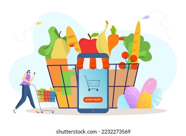 Tienda de comestibles en línea, pequeña mujer caricaturista compra productos de compras por internet ilustración vectorial plana, aislada en blanco.