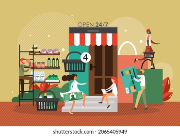Online grocery store, vector illustration. Grocery shopping and fresh food products delivery mobile app.