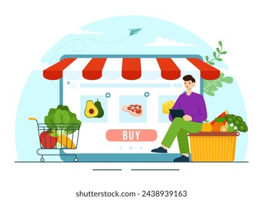 Online Grocery Store Vector Illustration with Food Product Shelves, Racks Dairy, Fruits and Drinks for Shopping Order via Telephone in Background
