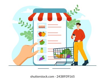 Online Grocery Store Vector Illustration with Food Product Shelves, Racks Dairy, Fruits and Drinks for Shopping Order via Telephone in Background
