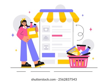 Online Grocery Store Vector Illustration Featuring Food Product Shelves, Racks with Dairy, Fruits, and Drinks for Shopping Orders via Telephone