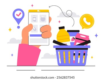 Online Grocery Store Vector Illustration Featuring Food Product Shelves, Racks with Dairy, Fruits, and Drinks for Shopping Orders via Telephone