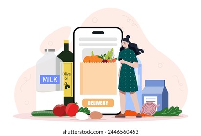 Supermercado en línea. Mujer comprando productos en Internet. Tecnologías modernas y comercio electrónico, compras. Entrega rápida a domicilio de comestibles. Ilustración vectorial plana de dibujos animados