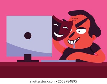 online grooming, featuring a sinister character hiding behind a happy theater mask while interacting with a computer. The artwork symbolizes digital deception and cyber risks