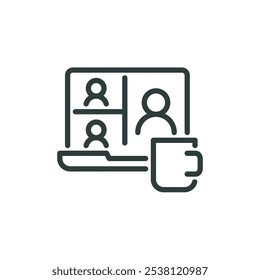 Ícone da estrutura de tópicos de reunião de grupo online, webinar e videoconferência. Laptop com assinatura de linha com webconferência. Pictograma isolado de vetor para Web e aplicativo em traçado editável de fundo branco.