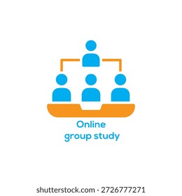 Online group study icon with people connecting over a laptop for virtual learning education distance teamwork and digital classroom.
