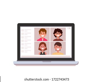 Online Group Videoconference On Laptop. Group video chat. Flat vector isolated on white background