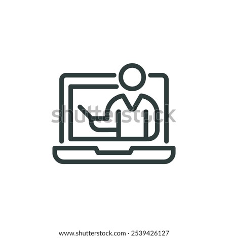 Online group workshop, web webinar, video training meeting, speaker outline icon. Line sign laptop with web conference. Vector isolated pictogram for web and app on white background editable stroke.