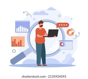 Online guides concept. Man with laptop looking for information about an organization. Graphs and diagrams. SEO website optimization and page promotion on Internet. Cartoon flat vector illustration