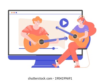 Online guitar lesson. Girl learning to play a musical instrument. Teacher in a large monitor. Video tutorial on the Internet. Vector flat illustration.