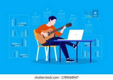 Online guitar lesson - Man sitting in chair playing instrument in front of laptop computer. Chords and interior in background. Learn guitar concept, vector illustration.