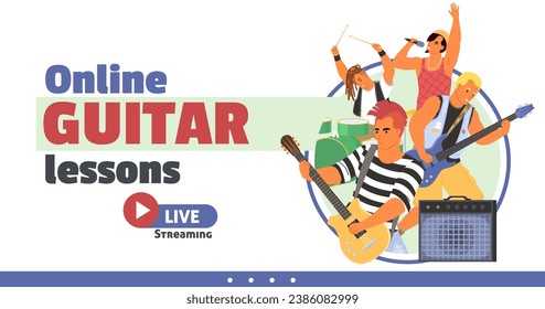 Online guitar lessons, music live streaming web service vector illustration. Landing page design template with expressive crazy rockers playing musical instrument