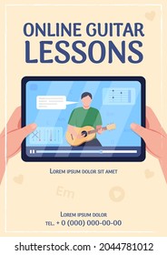 Online guitar lessons poster flat vector template. Music tutorial. Internet workshop. Brochure, booklet one page concept design with cartoon characters. E learning flyer, leaflet with copy space