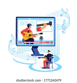 Online guitar tutorial flat concept vector illustration. Learn to play musical instrument with internet class. Guitarist 2D cartoon characters for web design. Music workshop creative idea