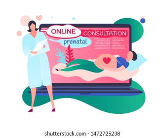 Online gynecological consultation image in modern vanguard simplistic style. Editable vector illustration in bright pink, blue, grey, green vibrant colors. Medical, healthcare, childbearing concept