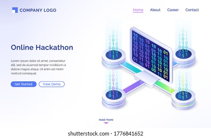 Online hackathon isometric landing page. Computer desktop with binary code on screen connected to remote platforms. Pc software development, coding, work with digital data concept 3d vector web banner