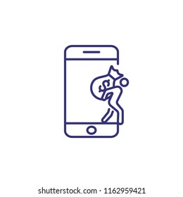 Online Hacker Line Icon. Thief Carrying Sack Of Money, Smartphone. Fraud Concept. Can Be Used For Topics Like Phishing, Money Loss, Hacking