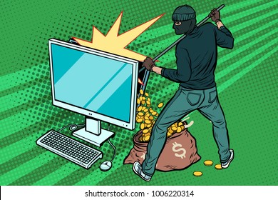 Online hacker steals dollar money from computer. Pop art retro vector illustration