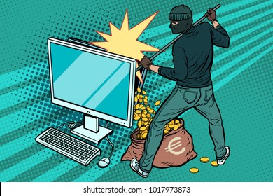 Online Hacker Steals Euro Money From Computer. Pop Art Retro Vector Illustration