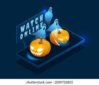 The online Halloween event is in a smartphone. Vector illustration of a smartphone, pumpkins, and ghosts are in an isometric style.