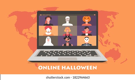 Online Halloween party from around the world concept on laptop screen, people in horror costumes have video conferencing and spending time together to celebrate festival, flat vector illustration
